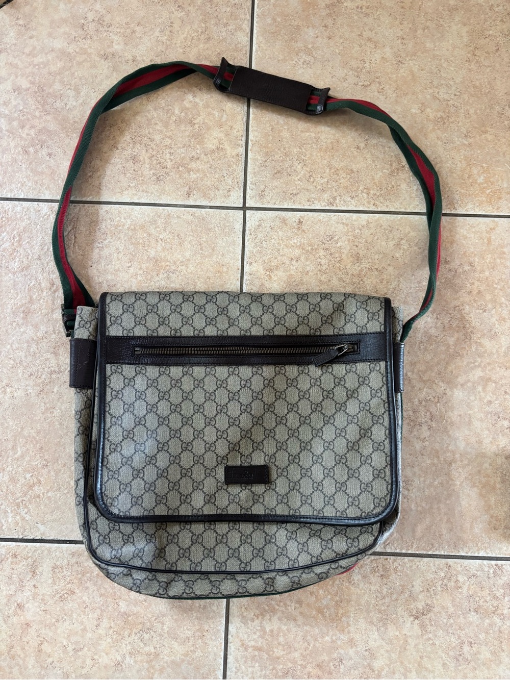 Gucci Beige GG Canvas Messenger Bag with Green-Red Web Strap